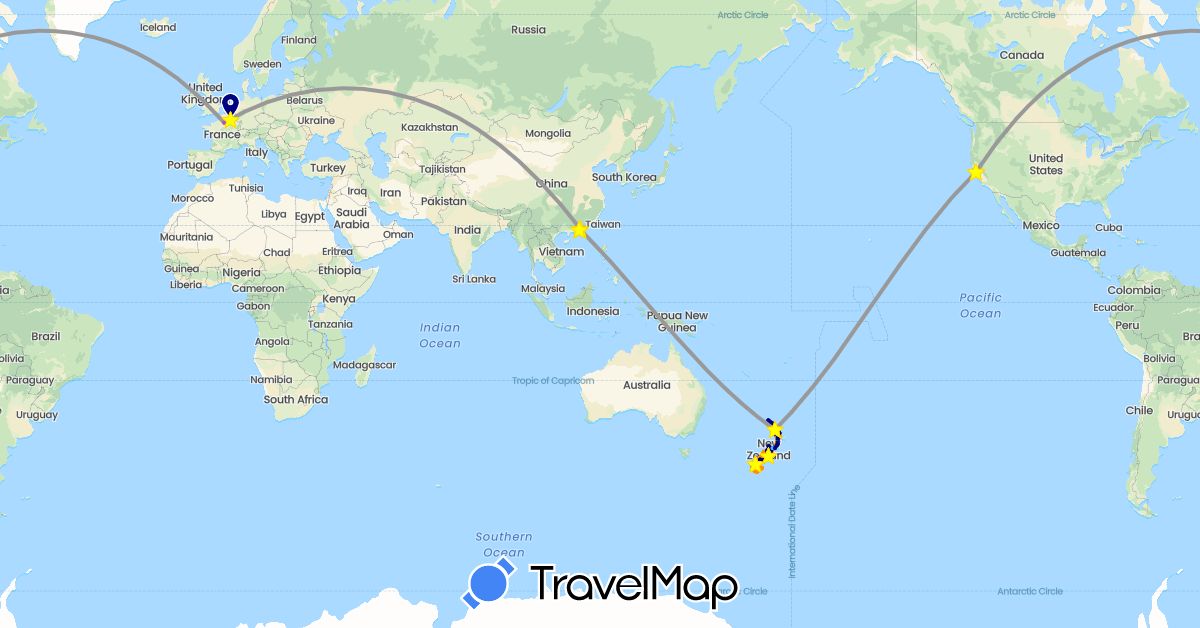TravelMap itinerary: driving, bus, plane, cycling, train, hiking, boat, hitchhiking in France, Hong Kong, Macau, New Zealand, United States (Asia, Europe, North America, Oceania)